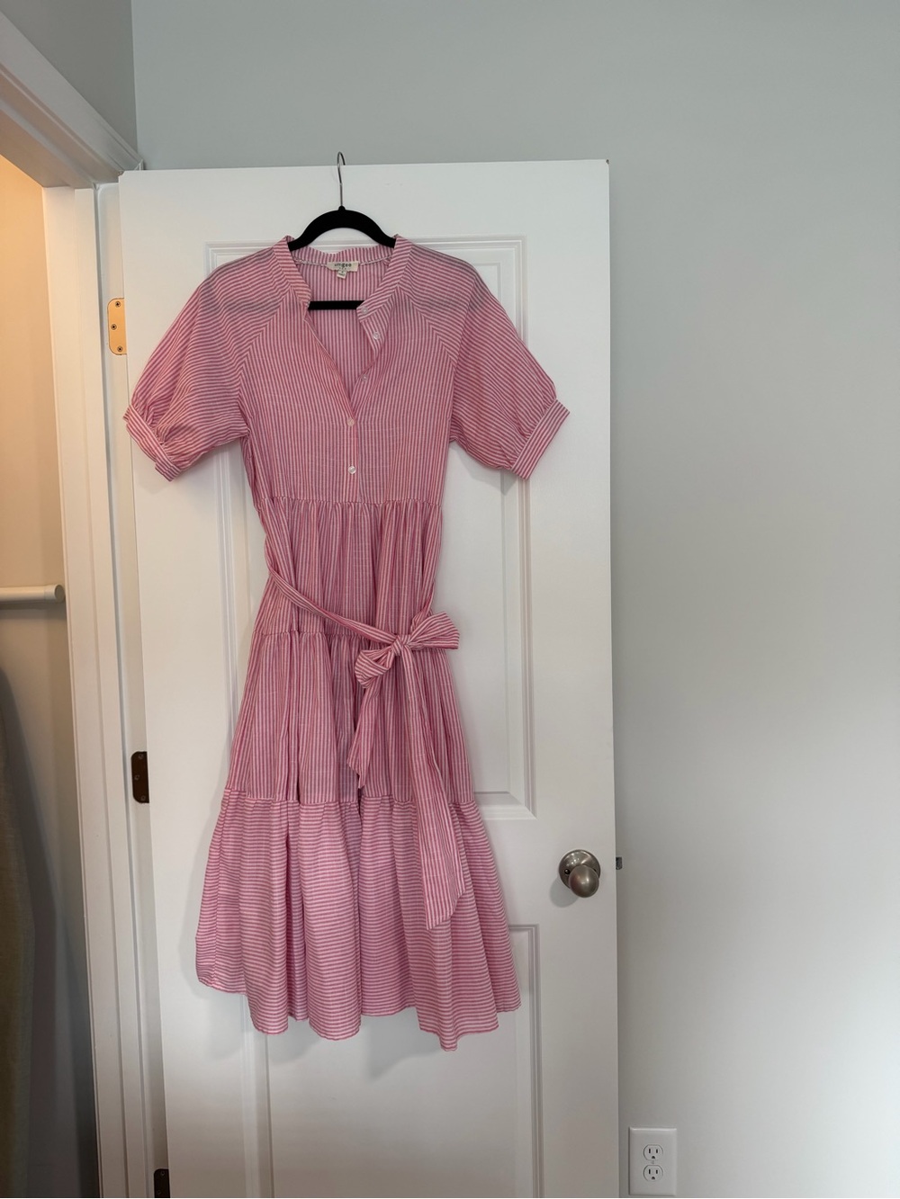Umgee Pink Striped Tiered Midi Dress with Self-Tie Belt